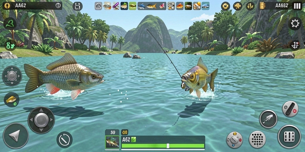 Screenshot AA62 menampilkan gameplay menarik saat memancing ikan besar.