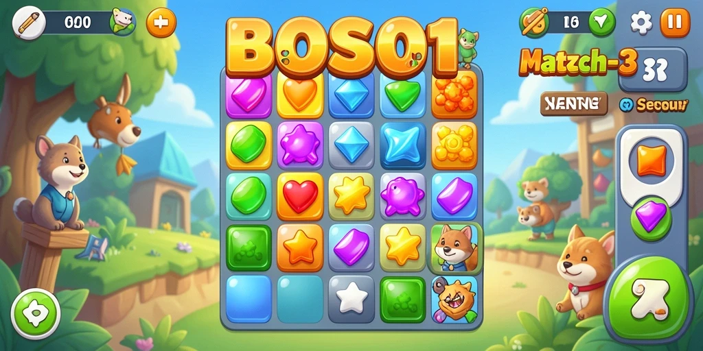 Tampilan gameplay seru dalam BOS01 dengan aksi mencocokkan permata.