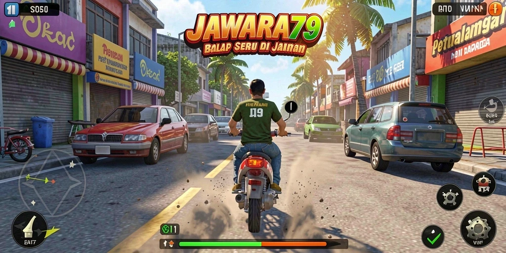 Tampilan gameplay JAWARA79 dengan aksi balap yang intens.