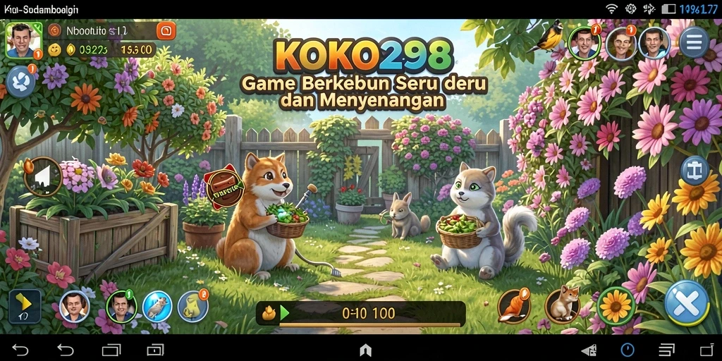 Screenshot gameplay KOKO288 menunjukkan kebun yang subur dan beraneka ragam tanaman.