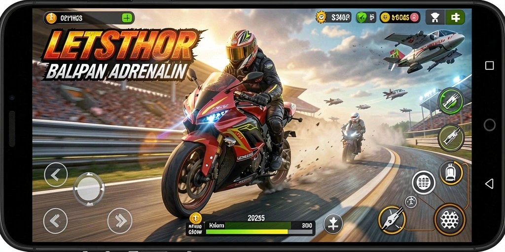 Tangkapan layar menunjukkan aksi balapan motor yang seru dalam LETSTHOR.