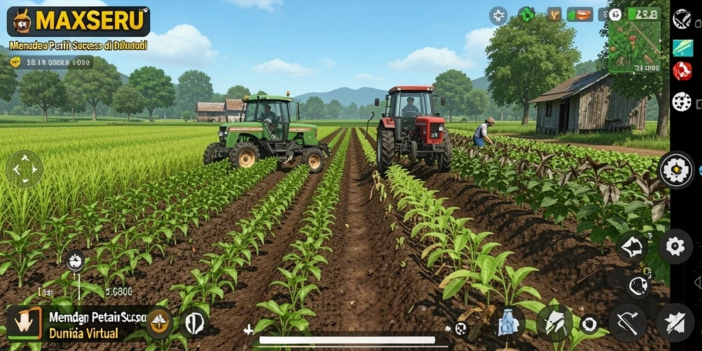 Screenshot gameplay MAXSERU menampilkan kebun yang rimbun dan aktivitas bertani.