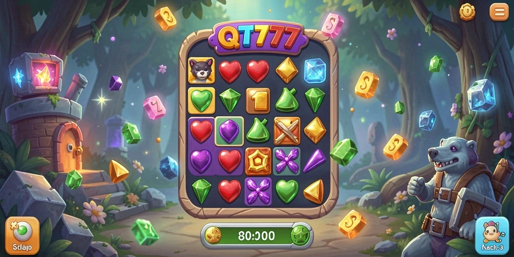Screenshot utama QT777 menampilkan aksi gameplay seru dalam Match-3.