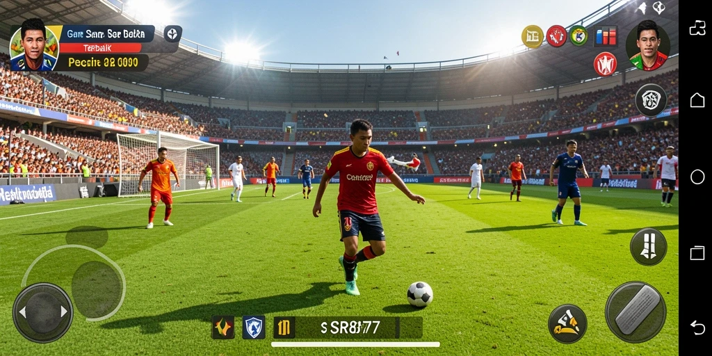 Screenshot gameplay SR877 menampilkan aksi seru di lapangan sepak bola.