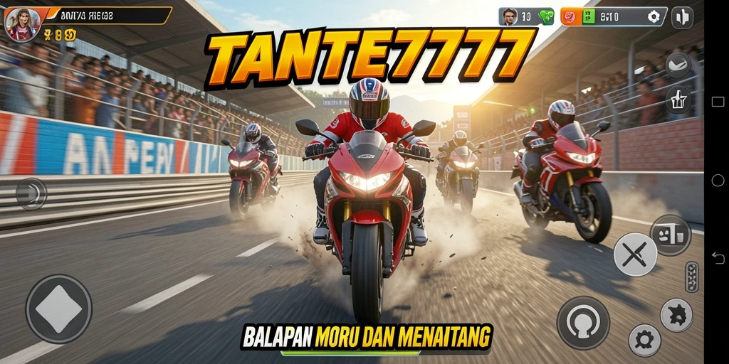 Screenshot TANTE777 menampilkan aksi balapan motor yang seru.